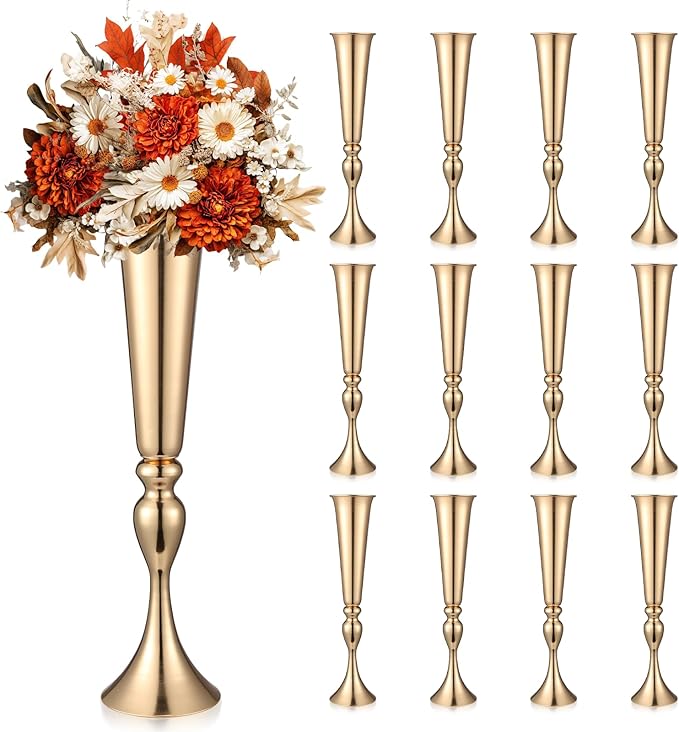 Aurabee 12 Pcs Tall Gold Trumpet Vases for Centerpieces & Wedding Tables - 21.65" Tall Gold Flower Vase Set with Weighted ...
