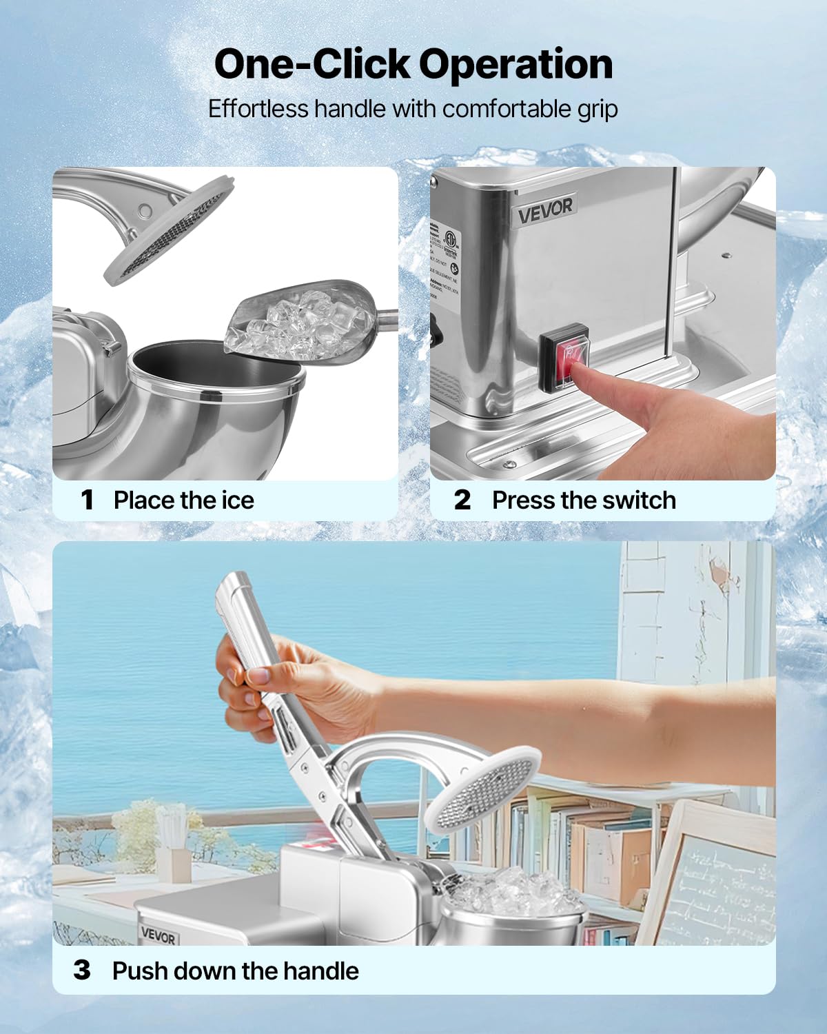VEVOR Commercial Ice Crusher 661LBS/H, 350W Electric Snow Cone Machine with 4 Blades, 2000RPM Stainless Steel Shaved Ice Machine with 11 Gal Crushed-Ice Box, for Family Restaurants Bars, Silver