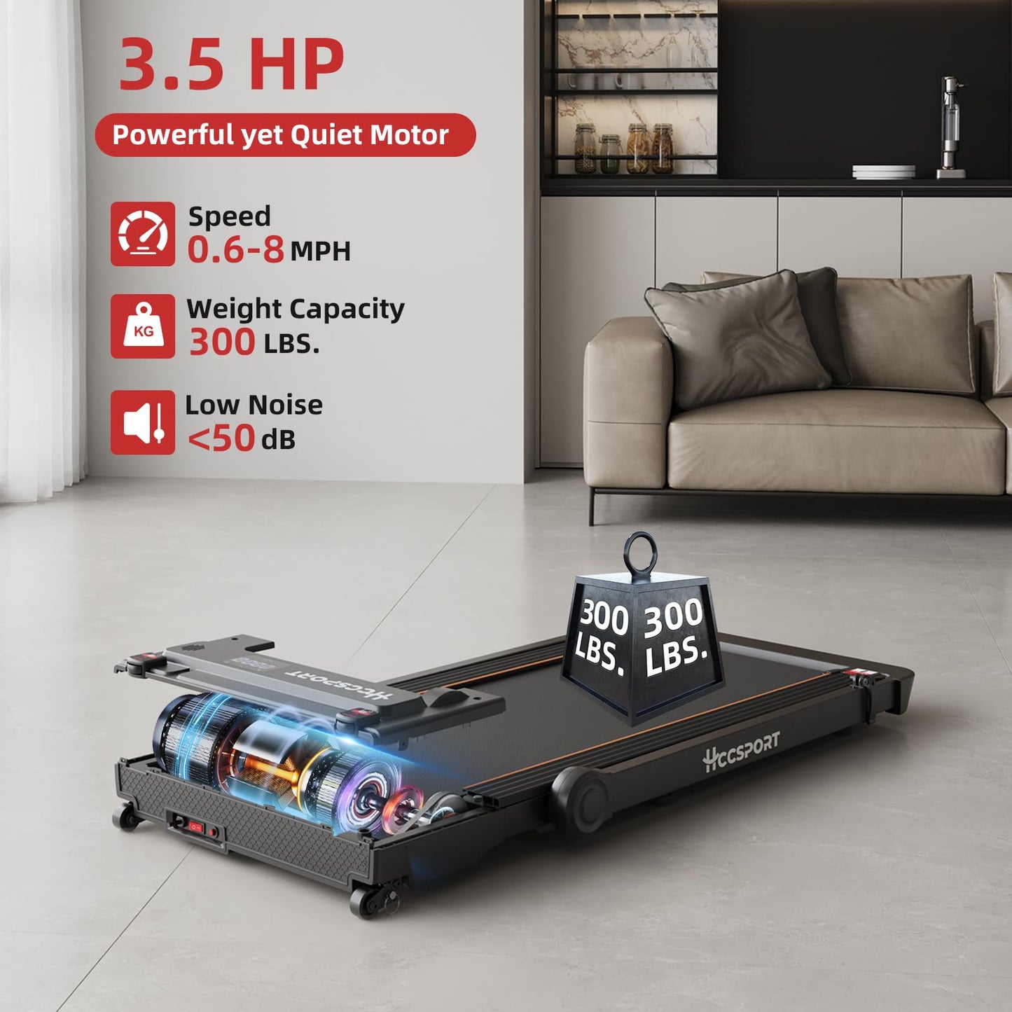 Hccsport Treadmill with Incline, 3 in 1 Under Desk Treadmill Walking Pad with Removable Desk Workstation 3.5HP Foldable Compact Walking Treadmills for Home Small Office with Wristband Remote Control