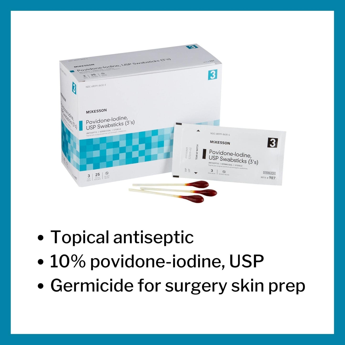 McKesson Povidone Iodine 10% Swabs Stick [75 Sticks], Sterile Swabsticks, Topical Pre-Surgical and First Aid, 3 Per Pack, 25 Packs