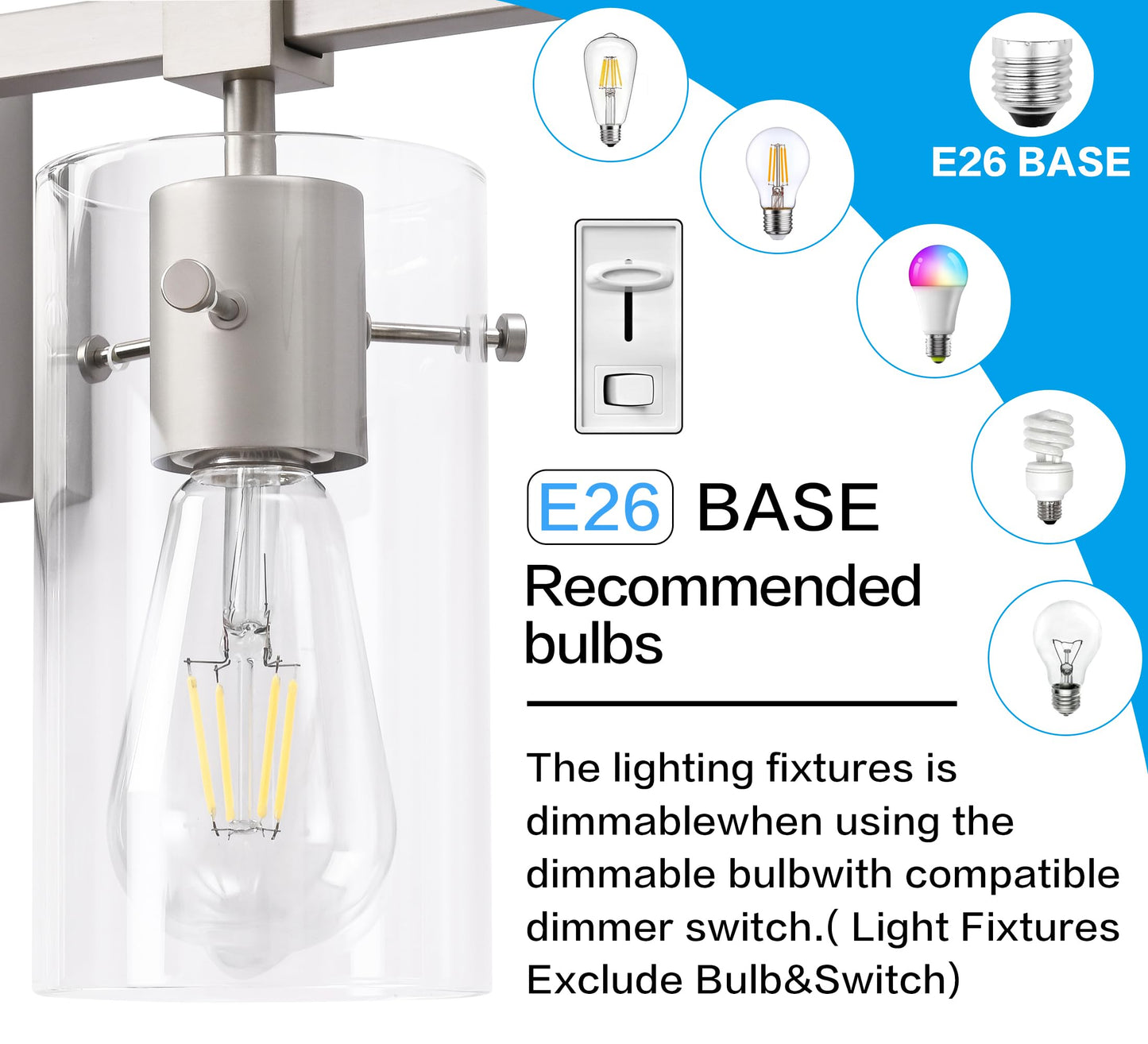 SOLFART 49.2 inch 6 Lights Vanity Light fixtures for Bathroom Vintage Bathroom Light Fixture Brushed Nickel Light Fixtures Above Mirror with Glass Shade (Exclude Bulb)