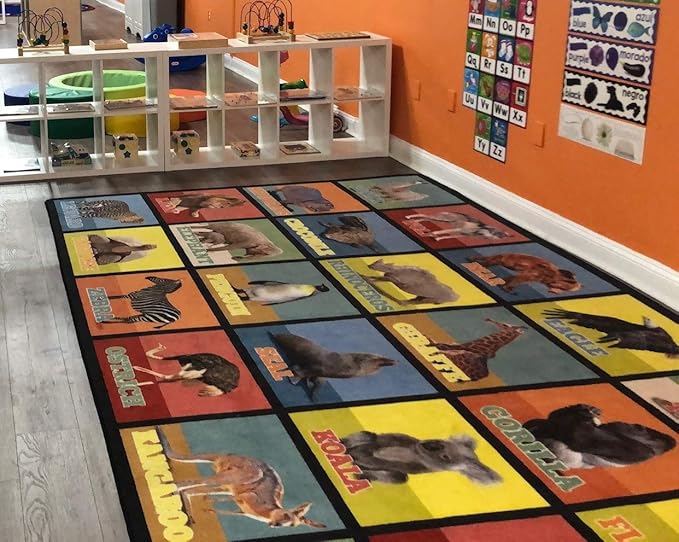 KIDCARPET.COM Animal Picture Squares 7'6" x 12' Rectangle Area Rug, Educational Classroom Rug, Kids Learning Play Mat | Area Rug for Bedroom or Playroom