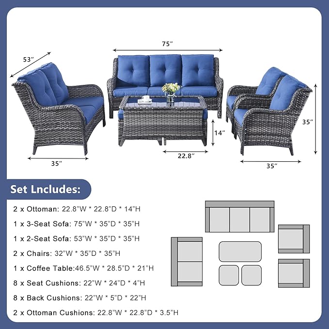 Rilyson Wicker Patio Furniture Set - 7 PC Rattan Outdoor Sectional Conversation Sets with 2 Rocking Swivel Chairs,2 Ottomans,1 Sofa,1 Loveseat and 1 Coffee Table for Porch Deck(Mixed Grey/Blue)