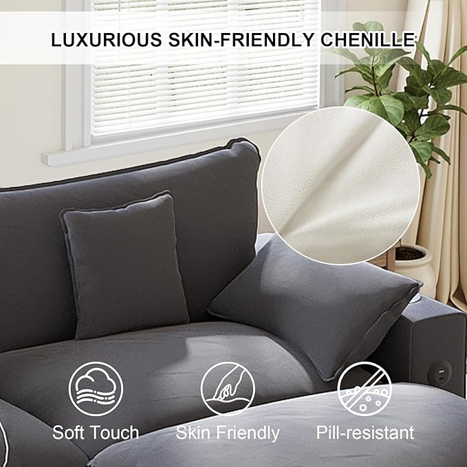 KCGKCG 80.7" Modular Sectional Sofa, L Shaped Cloud Couch with Movable Ottoman, Chenille Deep Seat Cloud Sofa with Charging Station, Cup Holder, Side Pocket, Sectional Couches for Living Room, Grey