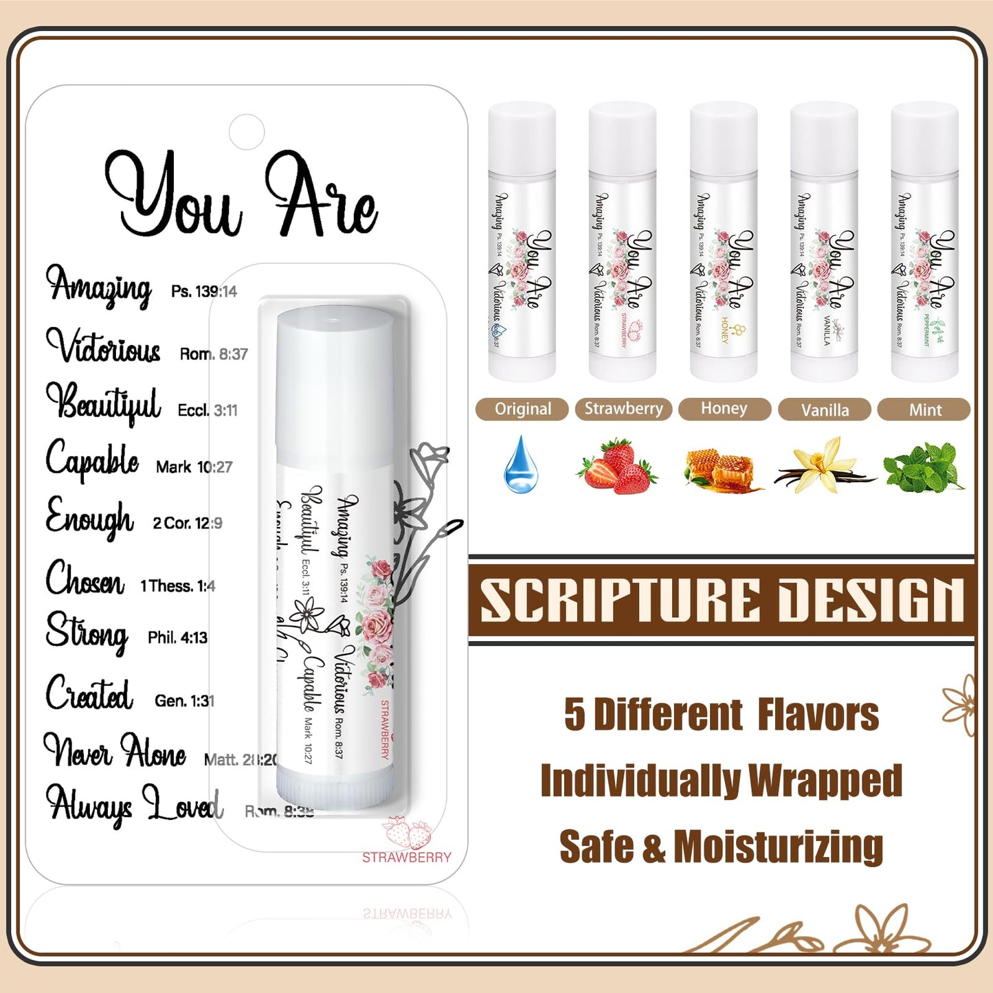 Sacubee 50 Pack Christian Gifts Bulk for Church Scripture Bible Verse Lip Balms Religious Catholic Wedding Gifts Baptism First C