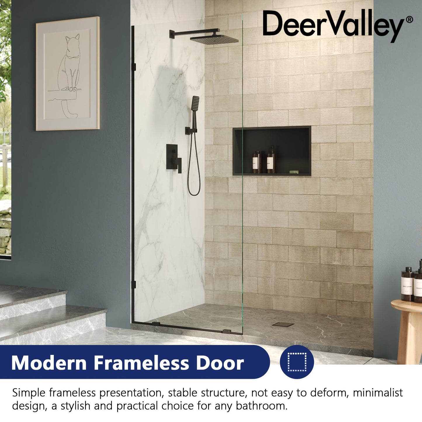 DeerValley 32"×78" Fixed Glass Shower Panel, 3/8'' (10mm) Thick Shower Glass Panel, Frameless Tempered Glass Door, Bathroom Shower Screen with Hardware (Matte Black)