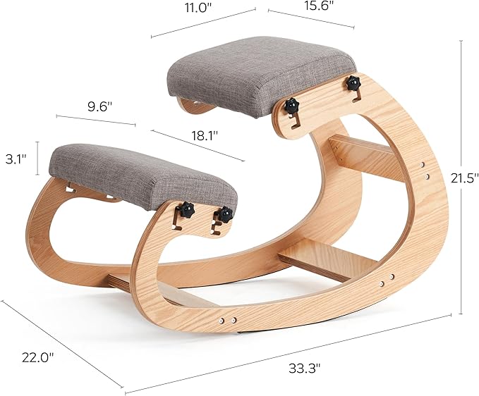 HoeuThien Ergonomic Kneeling Chair, Adjustable Rocking Office Chair Wooden Knee Chair Posture Chair for Home Office Back Pain Relief, Grey