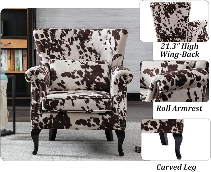 DM Furniture Mid Century Accent Chair Modern Button Tufted Armchair Wingback Club Chair Velvet Single Sofa Lounge Chair with Pillow for Living Room Bedroom, Cowhide Print
