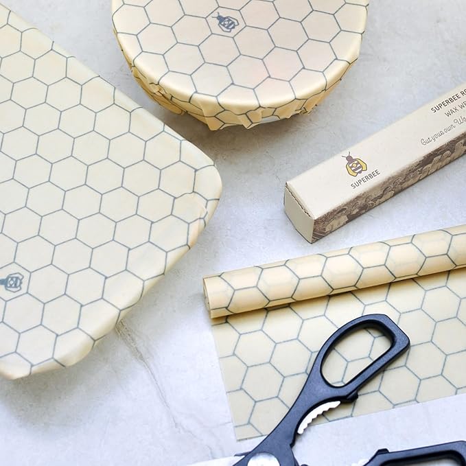 SUPERBEE Beeswax Wrap Roll XL, Reusable Beeswax Wrap for Food, Wrap Roll, Reusable Bees Wrap Paper for Wrapping Vegetables & Cheese, Bowl Covers and Sandwich Wrapping Paper, Hexagonia - 35x13"