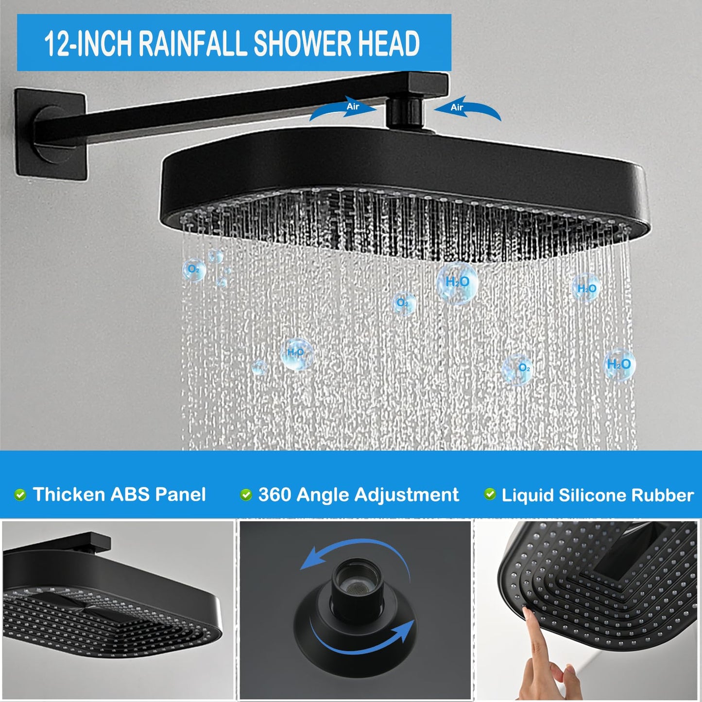 DINIERA 12" Rain Shower System with 4 Massage Body Jets,Shower Faucet Set Luxury Shower Head System with 3-in-1 Handheld,Wall Mounted Shower System Set with Valve and Trim Kit,Matte Black