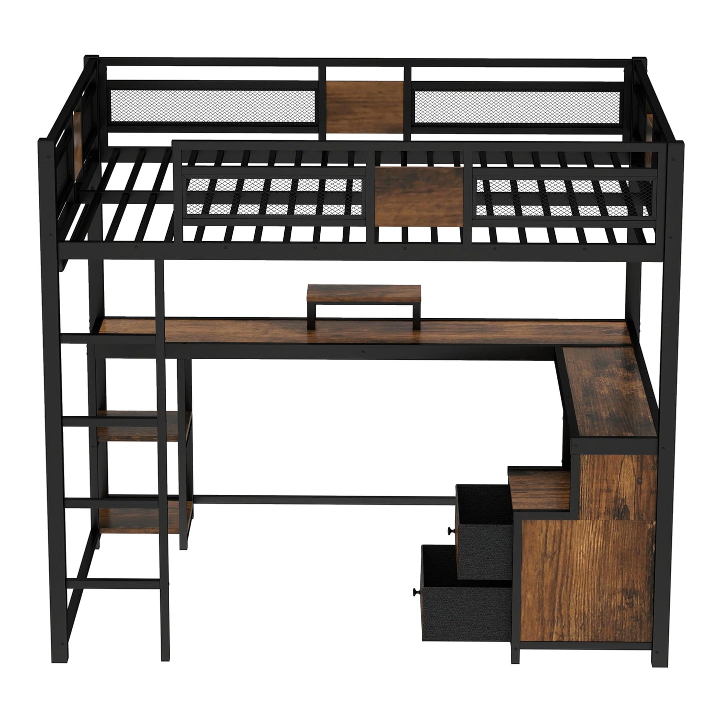 Bellemave Queen Loft Bed with Desk and Fabric Drawer, Metal Queen Size Loft Bed Frame with guardrail and Ladder for Adults, Kids, Teens, Black