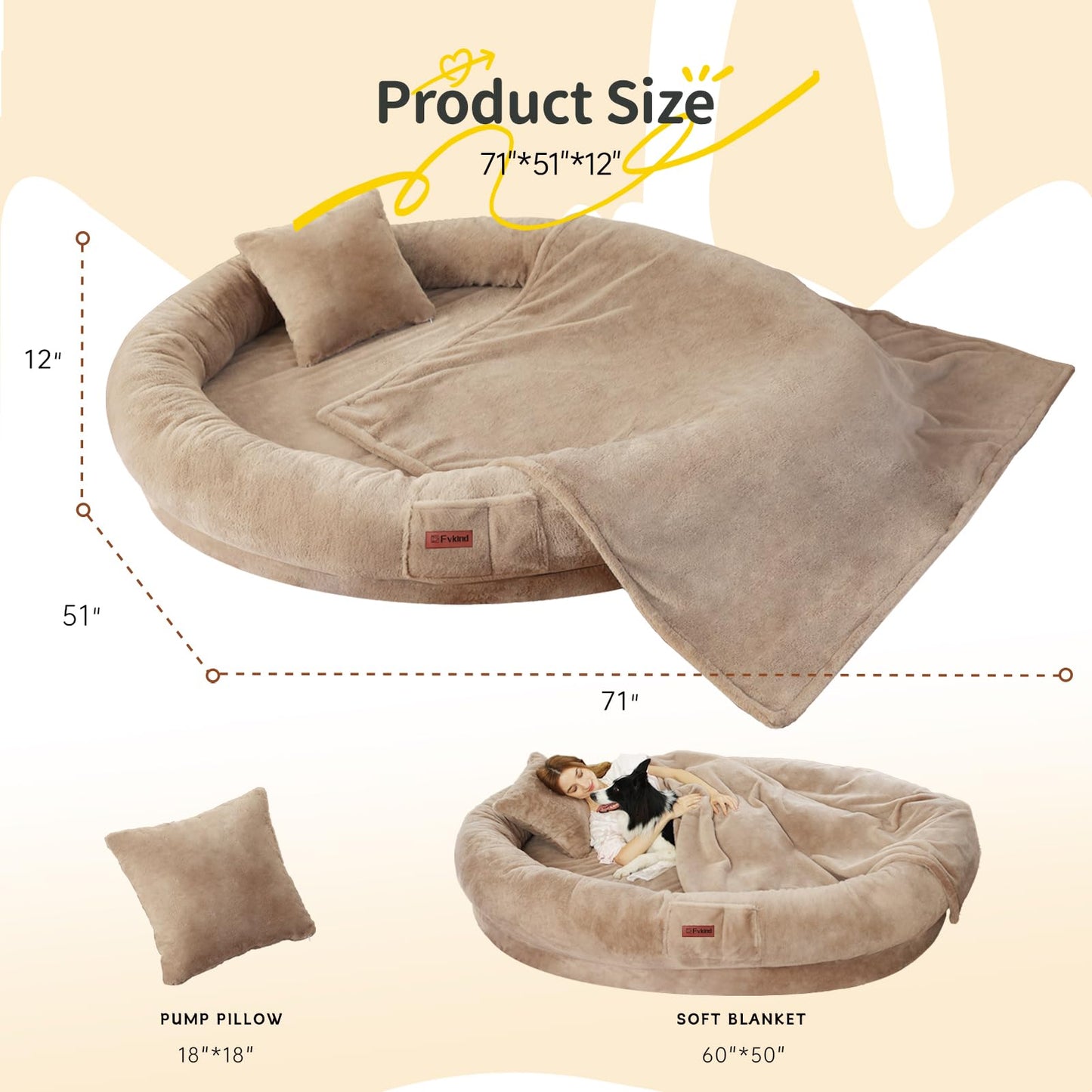 Fvkind Human Dog Bed for Adults, 71"x51"x12" Washable Orthopedic Size, Faux Fur Removable, Cozy Large Present with Blanket and Pillow, Khaki