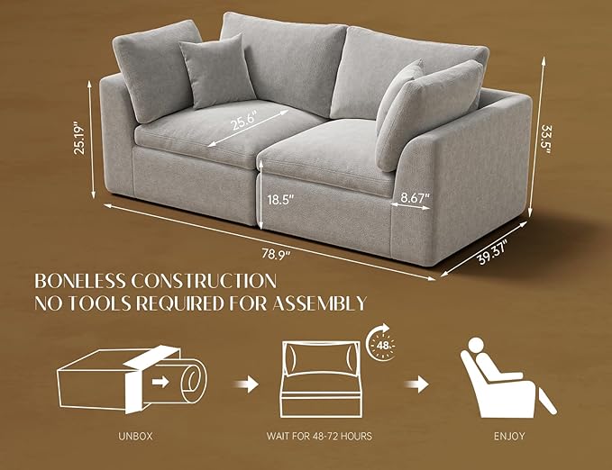 ohllob 78.9" Loveseat Sofa, Cloud Boneless Couches for Living Room, Modern Modular Sectional Sofa, Oversized, Light Grey