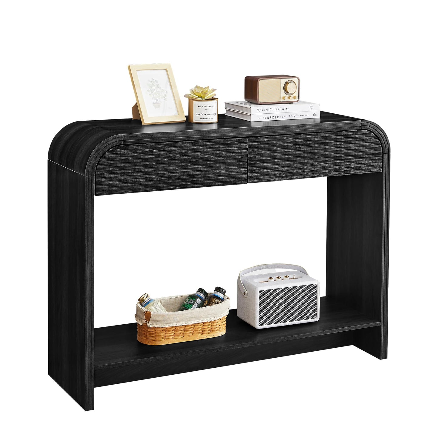 Entryway Table with Storage, Narrow Console Table with Drawers, 43.3'' Couch Table Behind Sofa Long and Skinny with Arc for Living Room TV, Hallway Entrance Foyer, Mid Century Black Carved Rattan