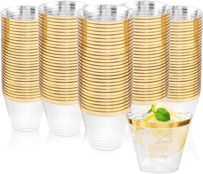 Nervure 120PCS Gold Plastic Cups - 9Oz Gold Rimmed Plastic Cups - Heavy Duty Disposable Clear Cup with Gold Rim Perfect fo...
