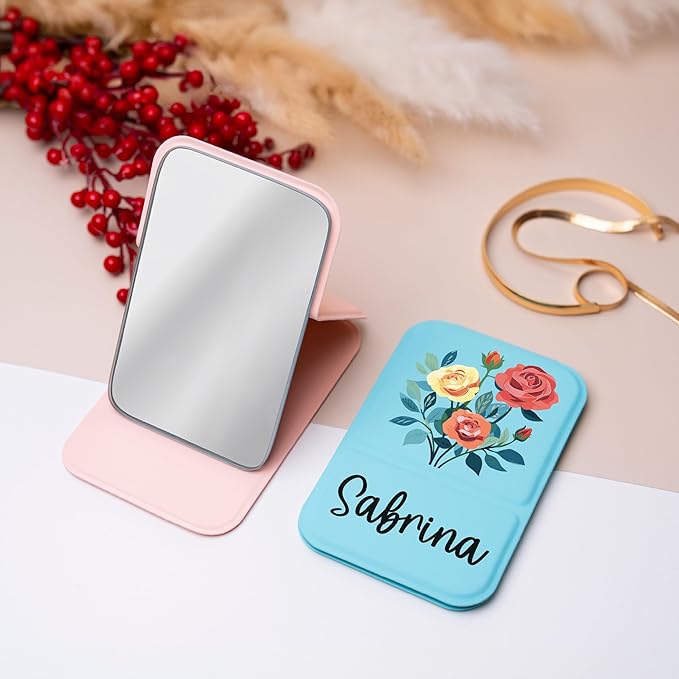 Personalized Birth Flower Month Travel Makeup Mirror for Women | Colorful Birth Flower and Name UV Painting |Custom Small Portable Travel Pocket Mirror Birthday Gifts for Women, Mom, Girl
