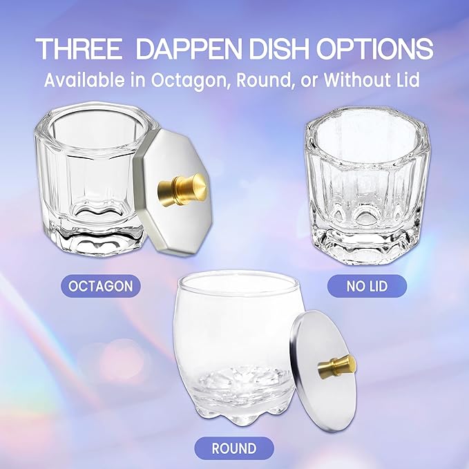 Beauticom Crystal Glass Dappen Dish for Acrylic Nail Dip Powder, Monomer, and Nail Polish Remover (Octagon Shape, 4 Pieces)