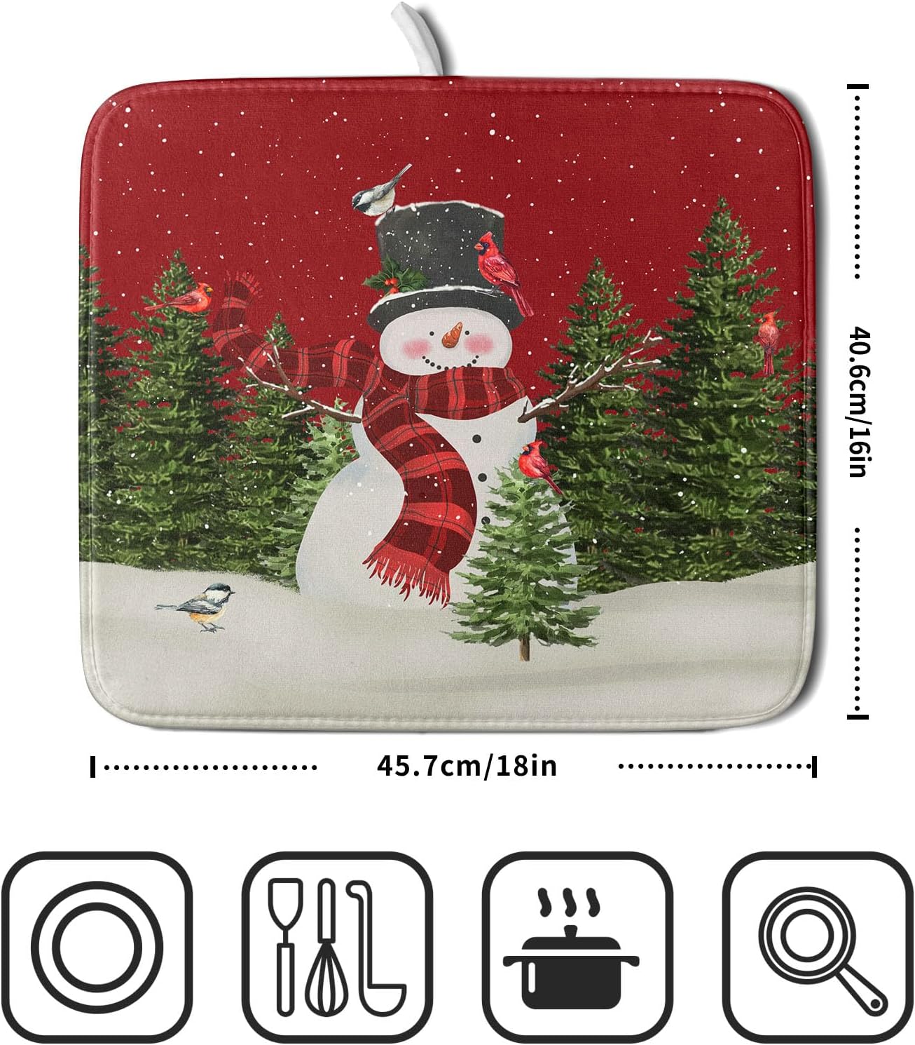 Christmas Dish Drying Mat for Kitchen Counter Red Xmas Snowman Trees Birds Drying Mat 16x18 Inch Winter Holiday Absorbent Dish Drainer Mat Christmas Kitchen Accessories