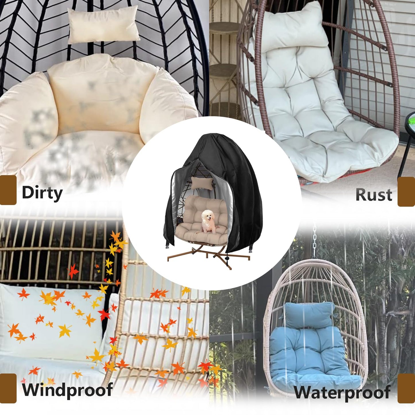 【Upgraded】Patio Egg Chair Covers with Zipper, 91 x 80 Large Wicker Egg Swing Chair Covers, Waterproof Heavy Duty Weather Resisatnt Outdoor Chair Cover, Windproof Hanging Chair Cover, Black, 1 Pack