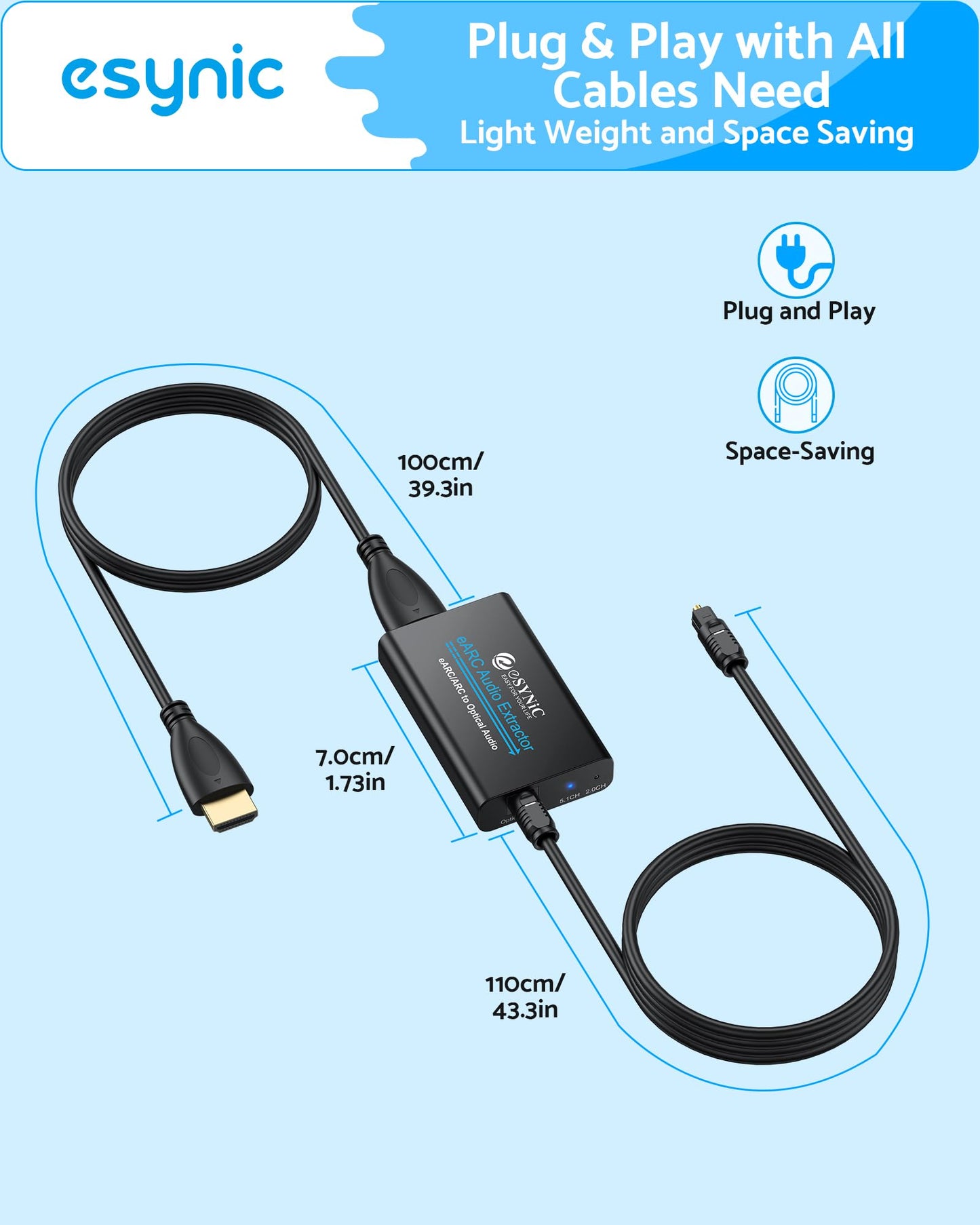 eSynic Professional eARC Audio Extractor-Only Work for HDTV ARC/eARC Ports-192KHZ ARC to Optical Audio Adapter-Easy to Setup-7ft Long-Dolby5.1 & DTS 5.1 Formats-from HDTV to Optical Soundbar-No CEC
