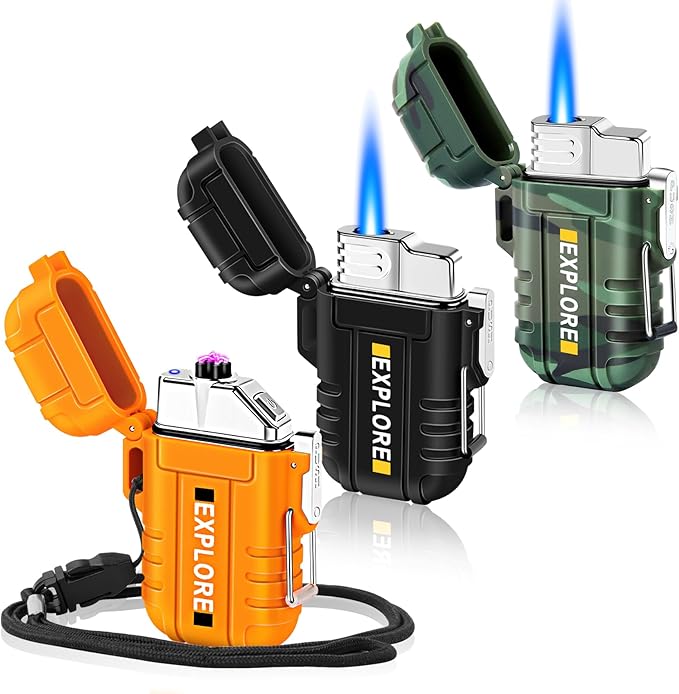 LcFun 3 Pack Waterproof Lighter Windproof Torch Lighters Butane Refillable, Electric Dual Arc Lighters USB Rechargeable Fl...