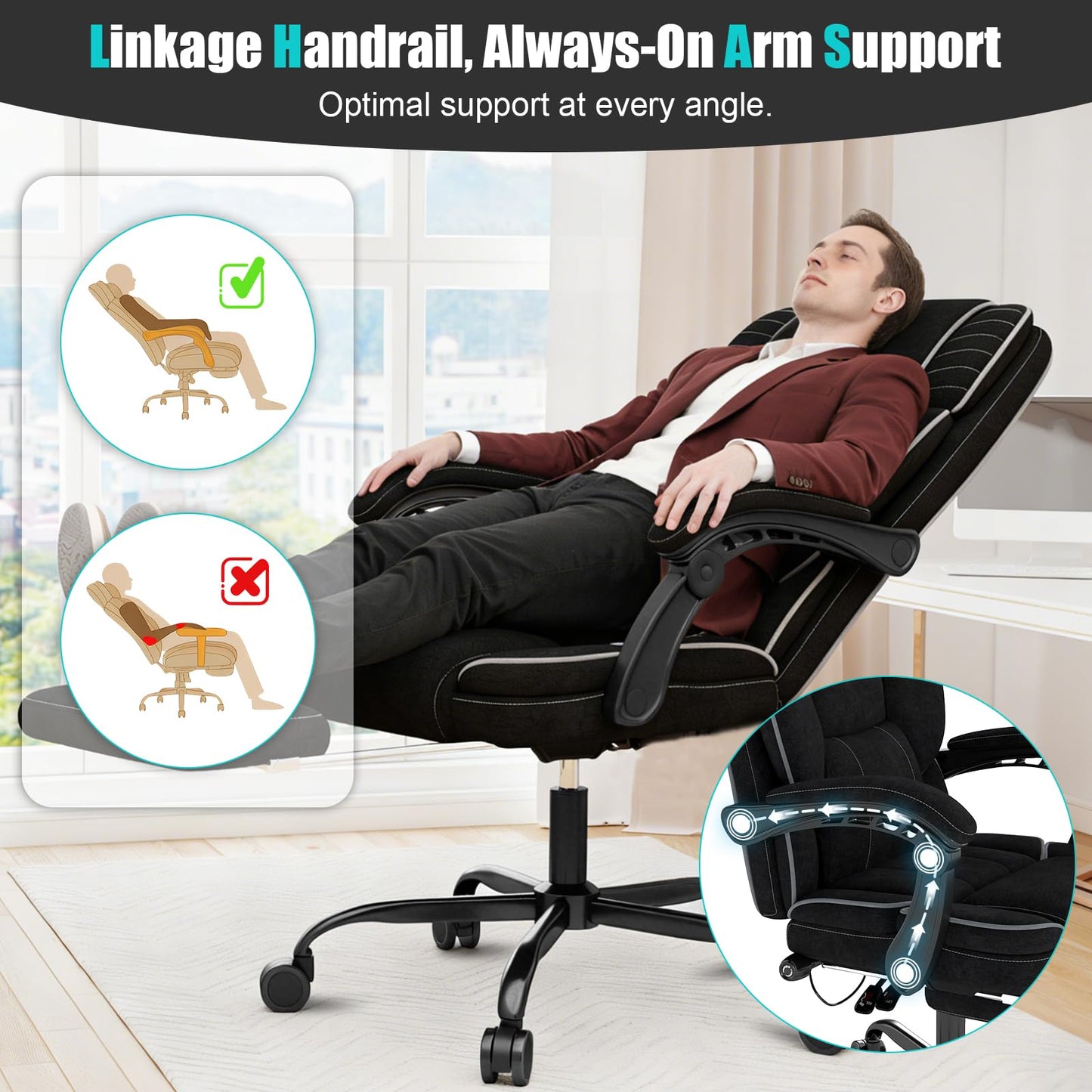 Executive Office Chair with Footrest, Ergonomic Reclining Computer Desk Chair with Adjustable Lumbar Support, 360° Swivel, Breathable Fabric, 400lbs Capacity for Home & Office