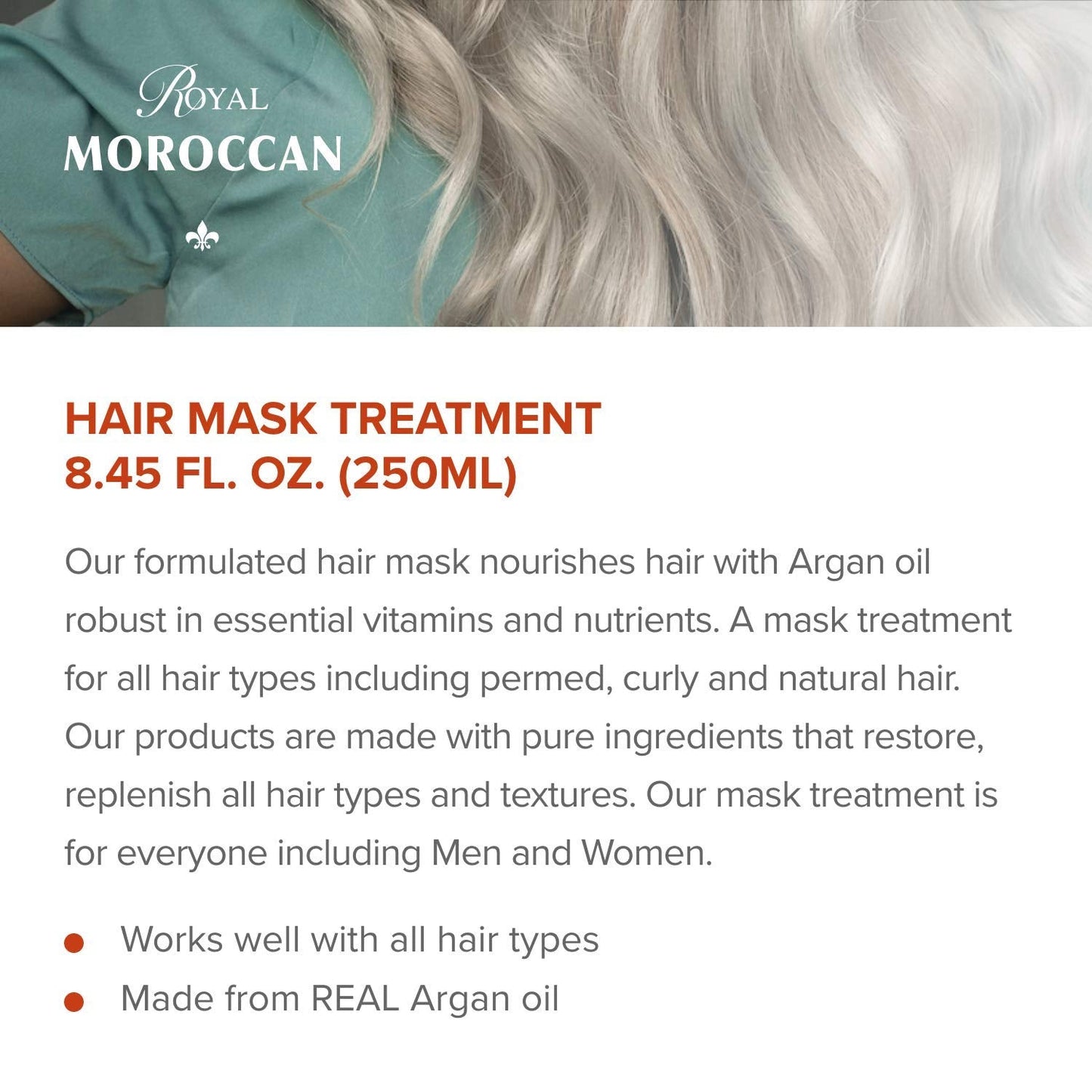 Royal Moroccan Hair Mask Treatment for Dry Hair - Moisturizing, Repairs, Restores Strength 250 ml / 8.45 fl.oz, Argan Oil for Co