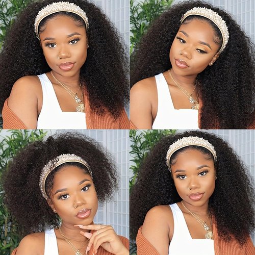 Coshgirl Headband Wig Human Hair Kinky Curly Human Hair Headband Wigs 22Inch Glueless None Lace Front Wig Curly Headband Wig Human Hair Brazilian Virgin Wigs for Black Women 150% Density