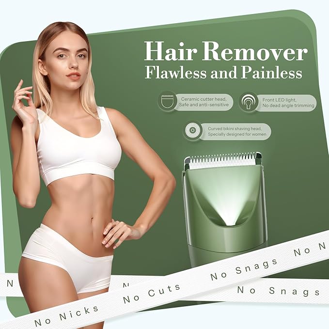 Bikini Trimmer for Women, Flyant 2 in 1 Electric Shaver for Women, Pubic Hair Trimmer Waterproof IPX7 with LED, Bikini Razor for Leg Arm Underarm Bikini Area, Christmas Gifts for Her - Dark Green