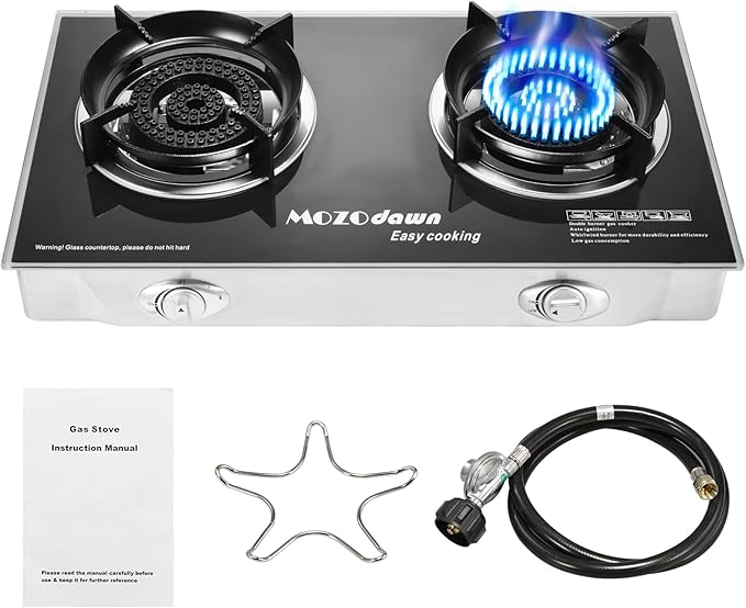 MOZODAWN 2 Burner Propane Stove Outdoor Portable Gas Stove, 30000 BTU Propane Burner with Cast Iron Honeycomb Stove Head, ...