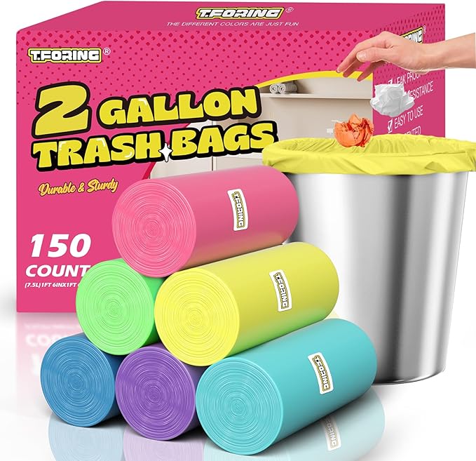 Mini Trash Bags 2 Gallon - 150 Count Small Garbage Bags Unscented,7.5 Liter Colored Plastic Trash Can Liners,Thick Waste Basket Liners for Bathroom Home and Office