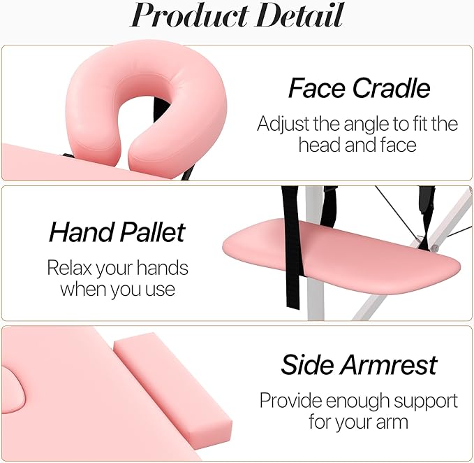 Massage Table Massage Bed, Portable 2 Section Foldable Tattoo Bed, Height Adjustable Lash Spa Bed with Face Cradle, Home Light Weight Facial Salon Bed with Aluminum Frame, Light Pink