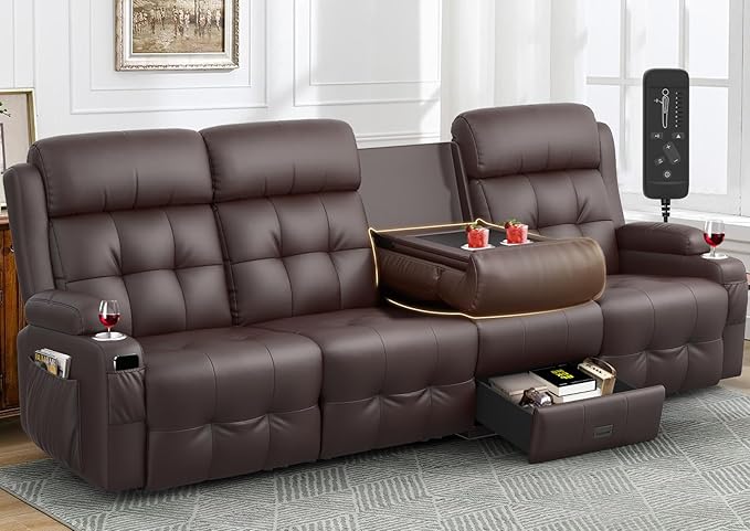 Aotolo Recliner Sofa, Massage Reclining Sofa 4 Seater Sets Heavy Weight Capacity, RV Loveseat Couch Clearance with Flip Back Console, Storage, Cup Holders, Wall Hugger Reclining Couch for Living Room
