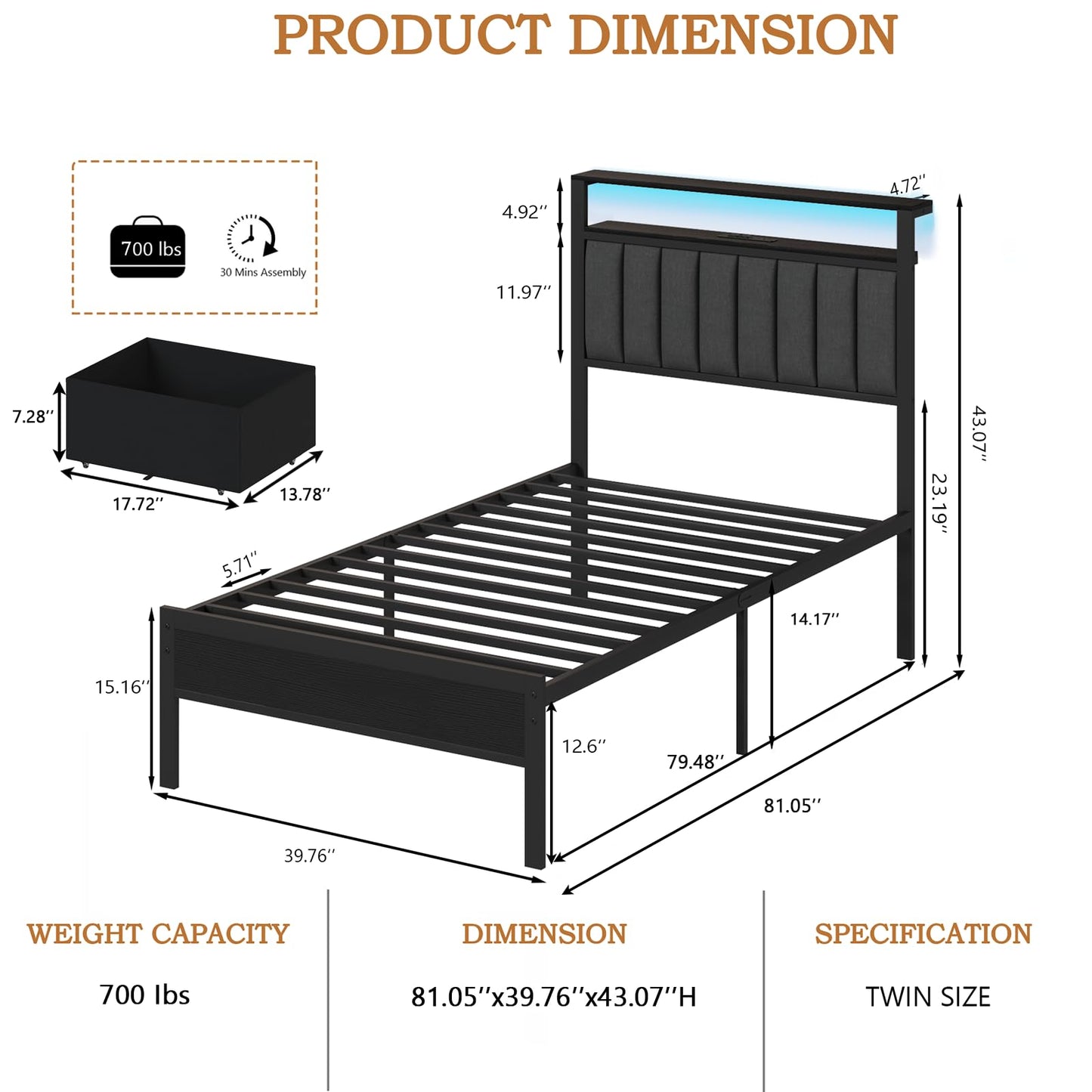 Furnulem Twin Bed Frames with Charging Station and LED Lights, Grey Upholstered Headboard with Shelves, Metal Platform Bed with 2 Under-Bed Storage (Fabric Drawer on Wheels), No Box Spring Needed