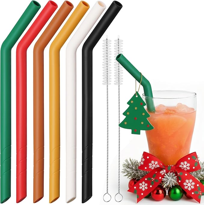NiHome 6-Pack Extra Wide Reusable Bent Silicone Straws for Boba, Smoothies, Bubble Tea, Bent Christmas Color Straws Eco-Friendly & Colorful for Thick Drinks, Child-Safe, Customizable Length, 2 Brushes