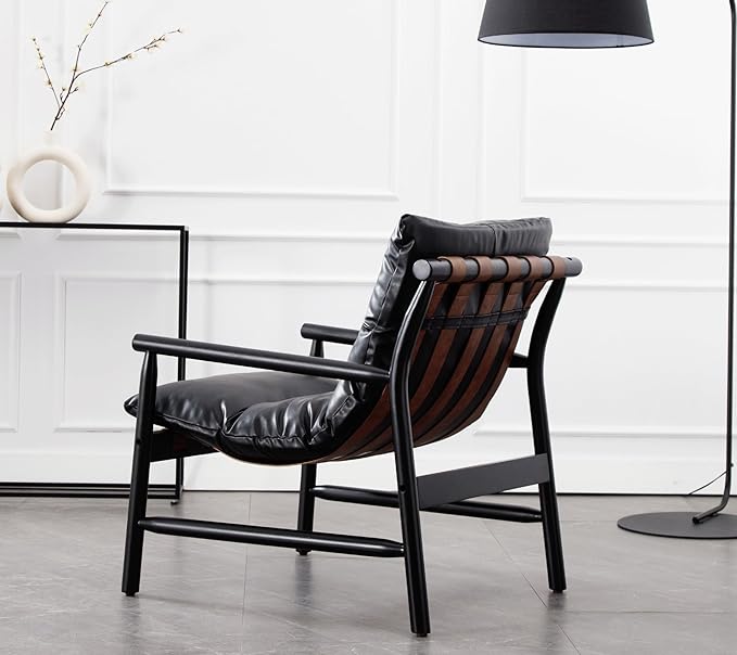 Faux Leather Accent Chair Set of 2 Mid Century Modern Living Room Chairs Comfy Arm Chair with Solid Wood Frame Upholstered Lounge Reading Chair Cozy Recliner for Bedroom/Guest Room, Black