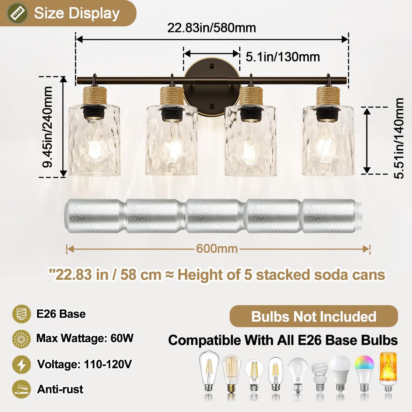 MOKATNG Bathroom Light Fixtures, 4-Light Coastal Vanity Lights with Crystal Glass Shade, Oil-Rubbed Bronze Bathroom Wall Lamp for Mirror Kitchen Hallway Cabinet