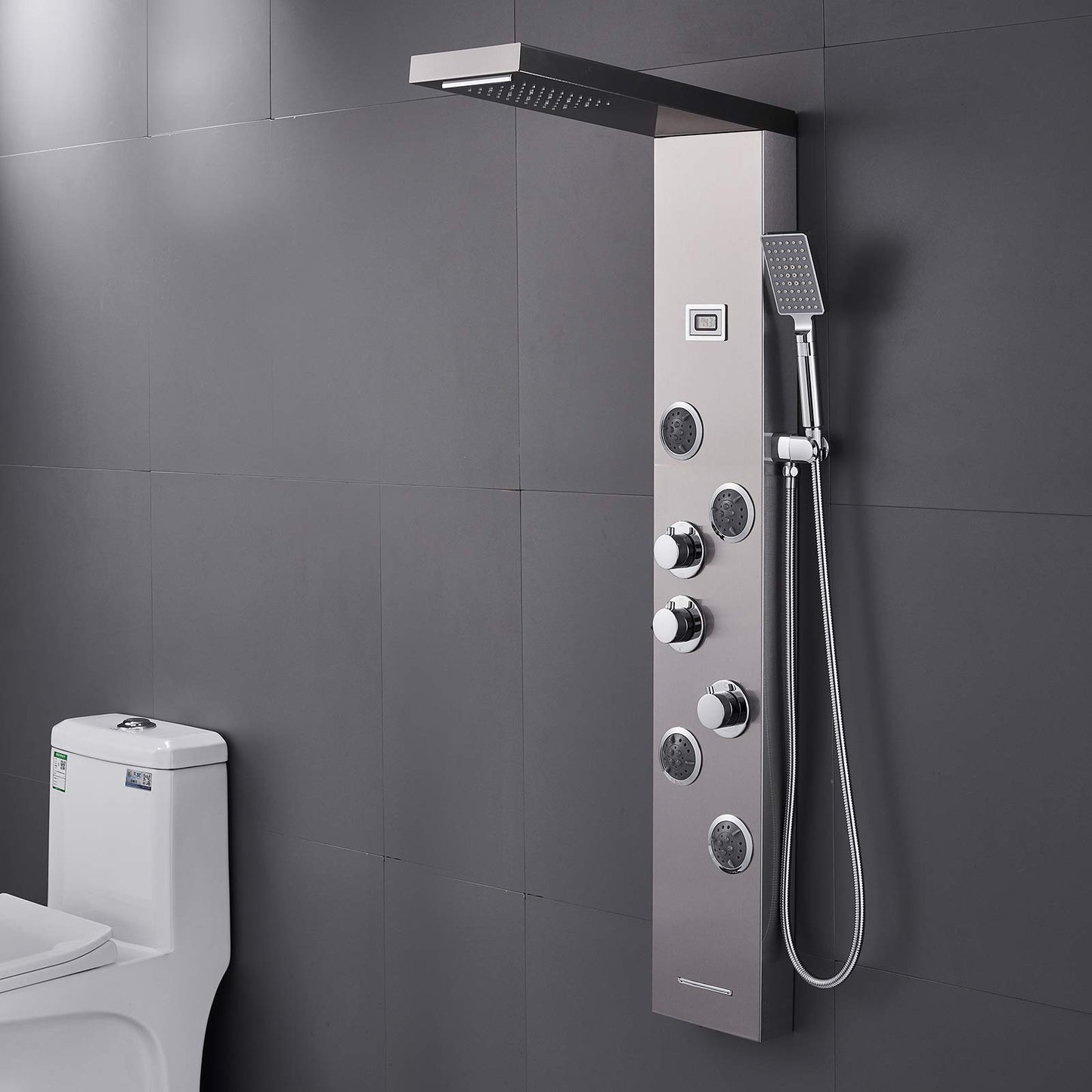 MENATT LED Shower Panel Tower System, 6 in 1 Stainless Steel LED Shower Column, Rainfall & Waterfall Head, Massage Jets, Tub Spout, Handheld Shower(Brushed)