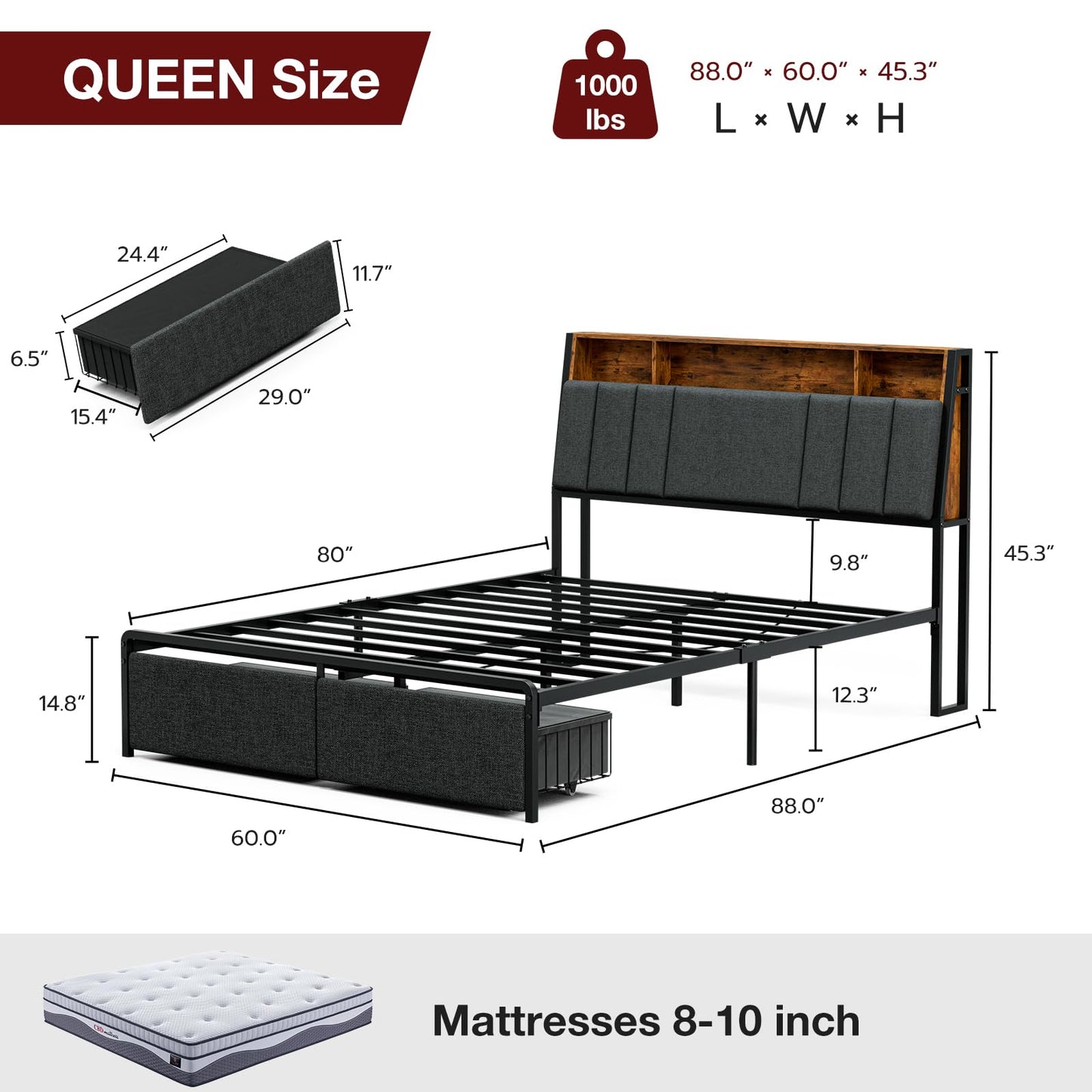 AOVSA Queen Bed Frame with Ergonomic Hidden Storage headboard & Dustproof Drawers, Upholstered Platform Bed with LED Lights and Charging Station, Easy Assembly, No Box Spring Needed, Dark Grey