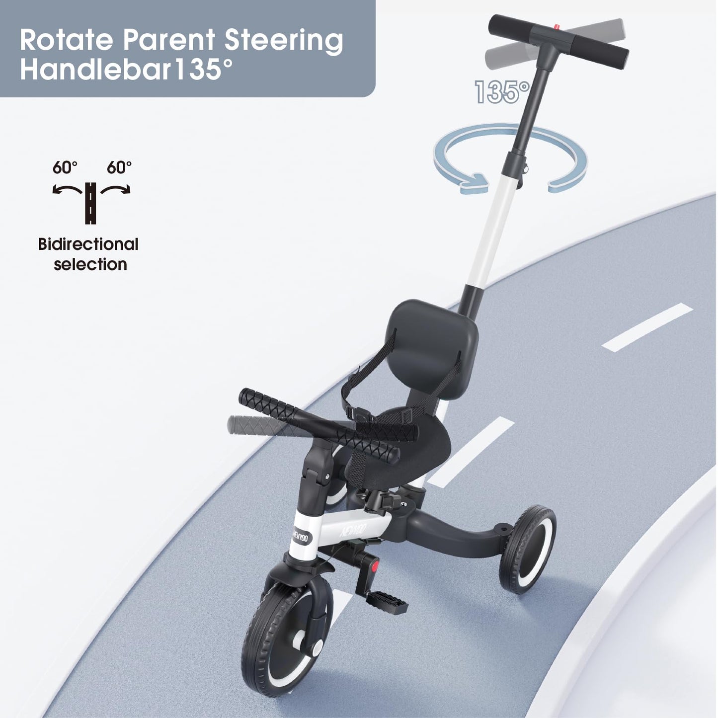 newyoo Toddler Bike, 4 in 1 Tricycles for 1,2,3 Year Olds, Balance Bike, Birthday Gift and Toy for Boys and Girls, Kids Tricycle with Parent Steering Push Handle, Removable Pedals, White, TR007