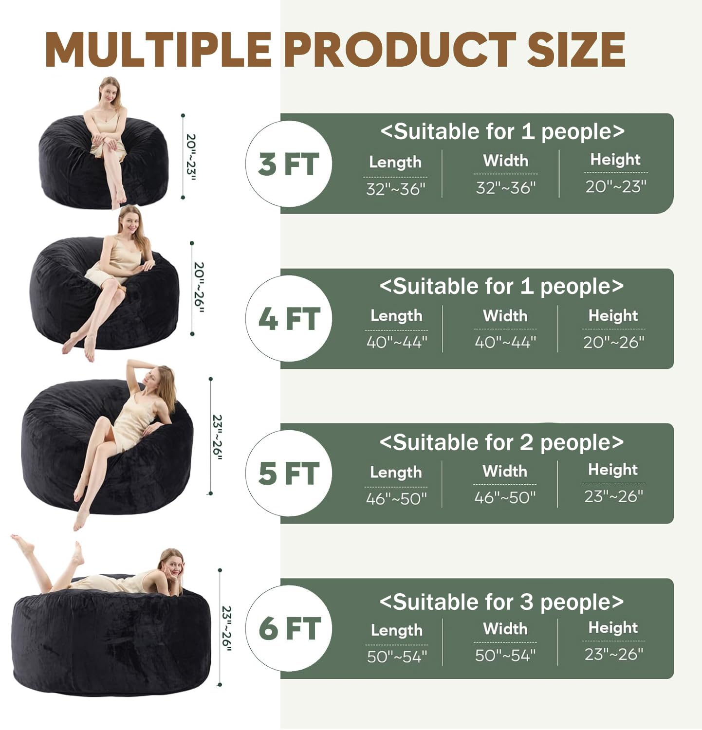 Demacai Bean Bag Chair - Bean Bag Chairs for Adults with Memory Foam Filler Included, Removable and Washable Flannel Cover Beanbag Chair - Black(5FT-55"x55"x28")