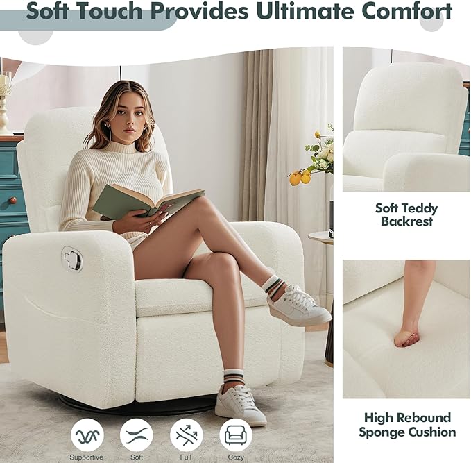 AEMEIOS Swivel Rocker Recliner, Oversized Boucle Glider Recliner Nursery, Manual Swivel Rocking Reclining Chairs with Removable Cushion and Lumbar Support for Nursery Living Room Bedroom, Teddy White