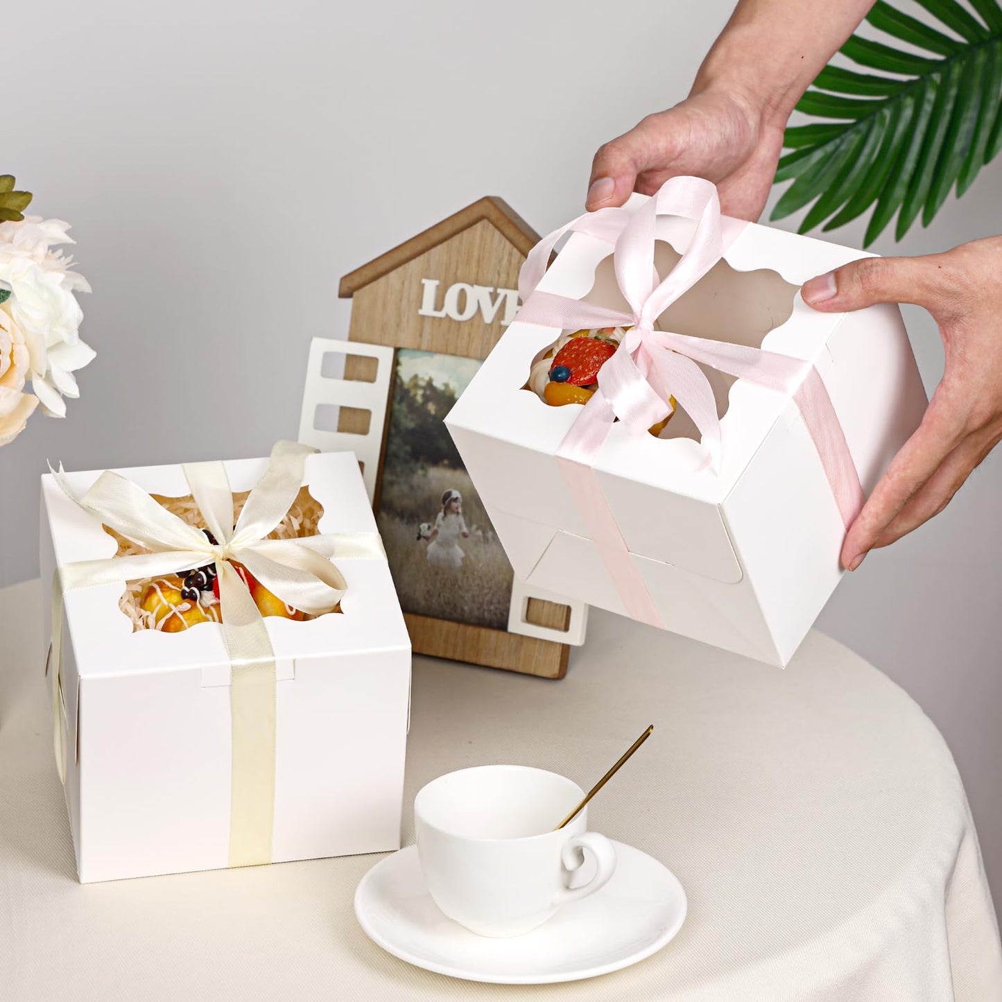 Moretoes 15pcs 6x6x5in Cake Boxes Bakery Carriers, Small Bento Cake Containers Cookie Boxes with Window, White Mini Cupcake Carriers Treat Containers for Dessert, Mother's Day, Valentine's Day