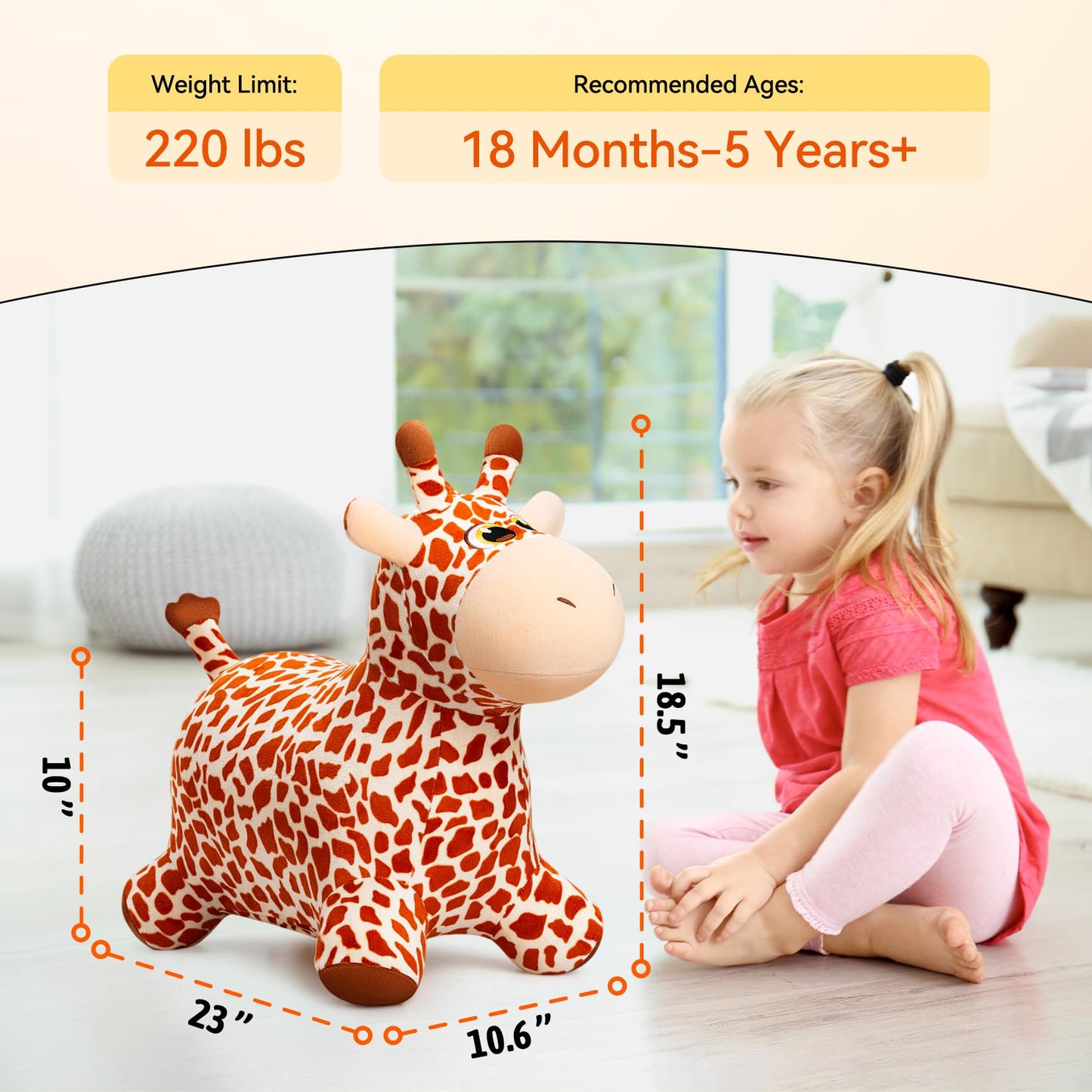 VangeBow Giraffe Bouncy Horse Toys for 1 2 3 year old Kid gifts, Plush Giraffe Ride On Bouncy Animal for toddlers 1-3, Indoor Outdoor Inflatable Hopping Toys for Girl Boy Birthday Gifts(Pump Included)