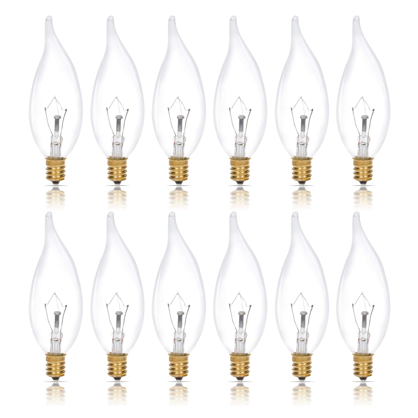 Simba Lighting Candelabra Flame Tip Clear CA10 25W E12 Base (12 Pack) Decorative Incandescent Light Bulbs 120V for Chandeliers, Ceiling Fan Lights, Pendants, Wall Sconces, Dimmable, Warm White 2700K