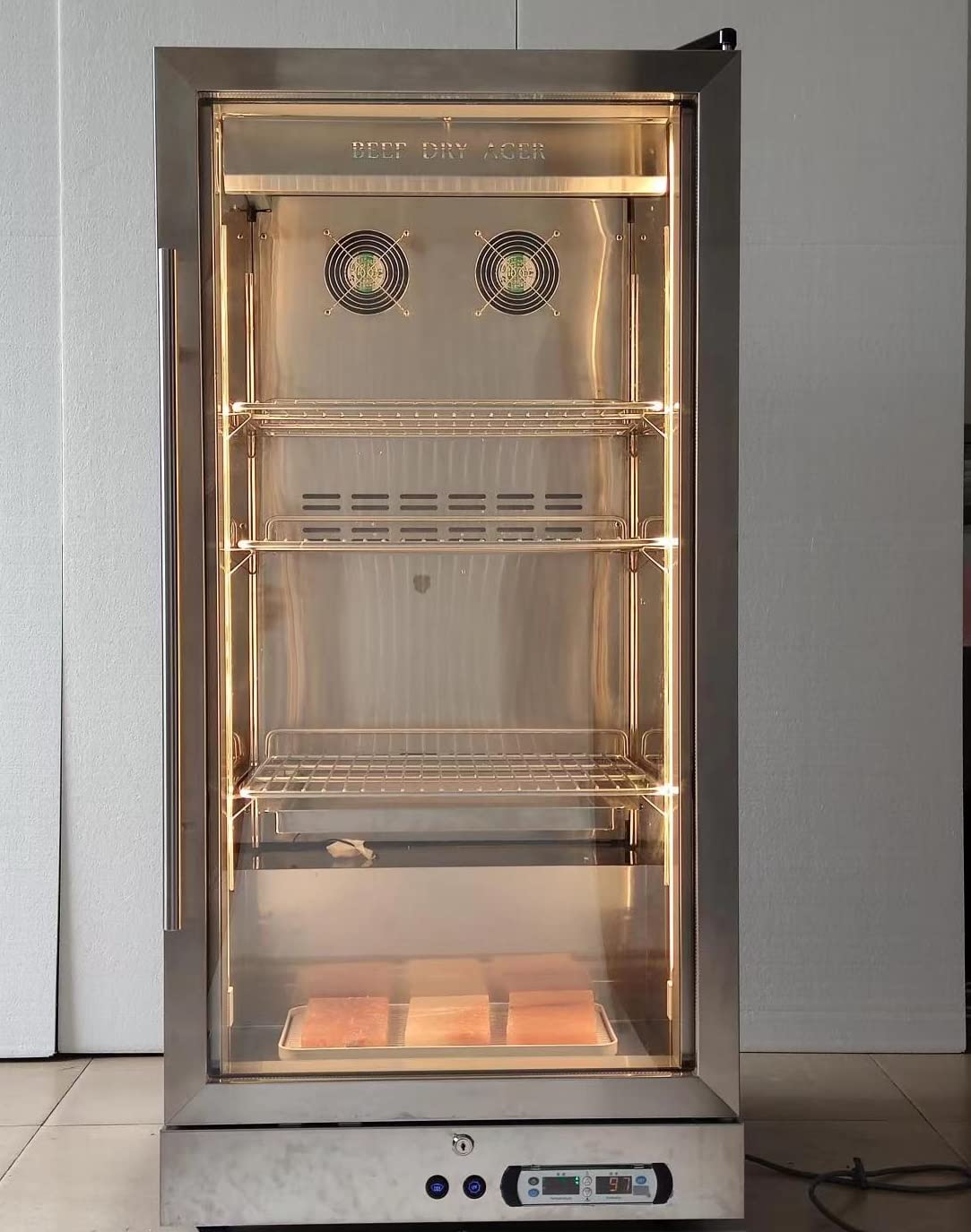 Kolice Commercial Aging Beef Showcase Freezer, Steak Aging Machine, Beef Display Showcase Freezer-268L,4 Tiers,Temperature: -5℃~ to 10℃ (23℉ to 50℉), Smart Temperature and Humidity Controller