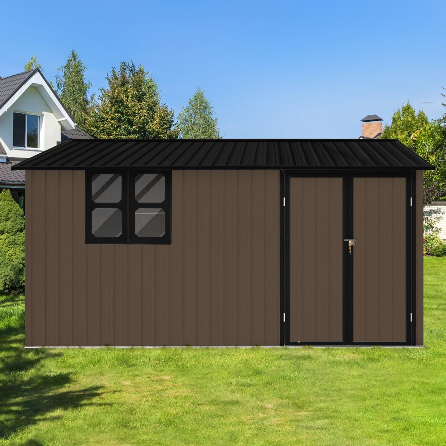 KEIKI 12x10 FT Metal Garden Shed with Window & Storage Shelves, Outdoor Storage House, Apex Roof Ventilated Heavy Duty Shed with Hinged Door for Backyard Tool Organization, Lock Included, Brown