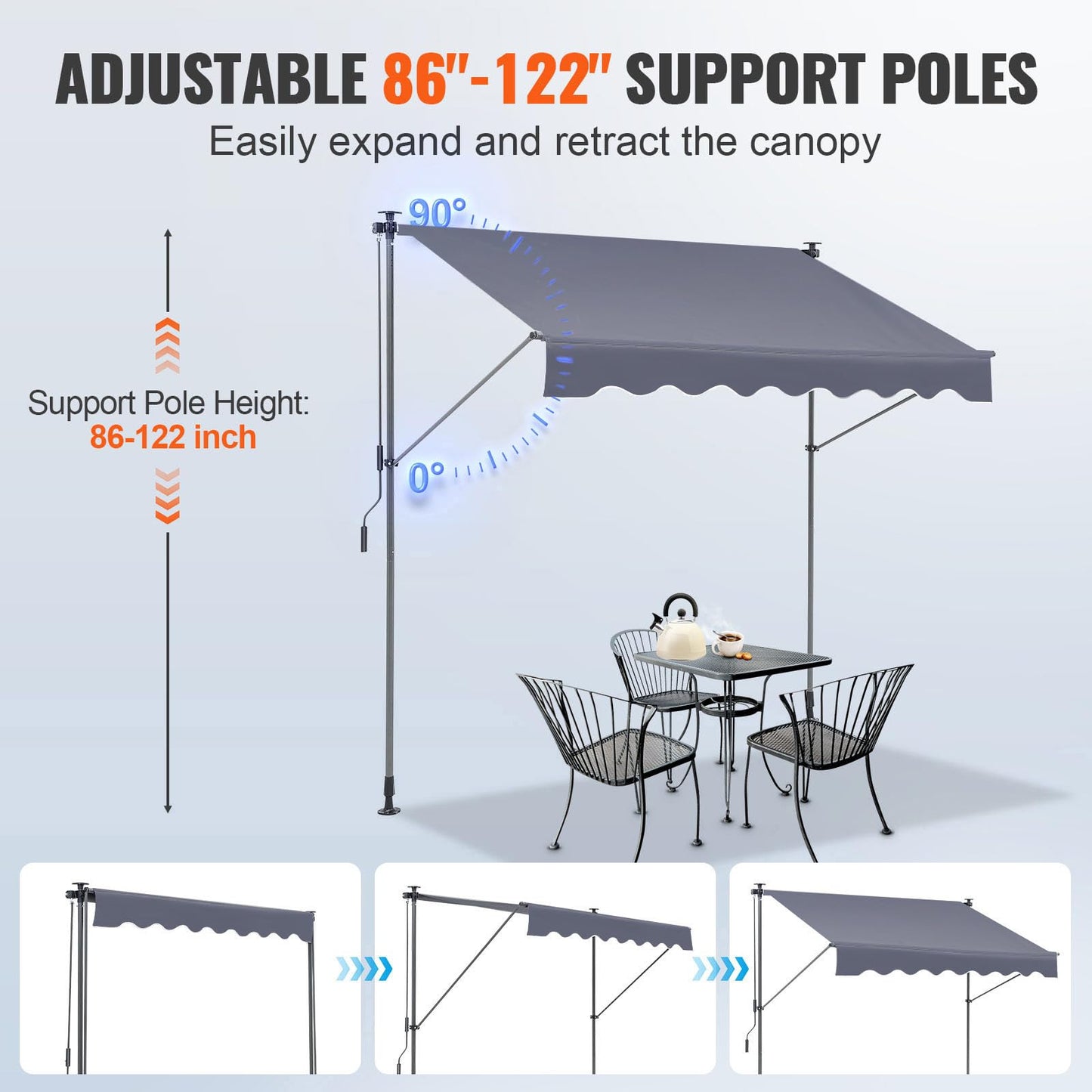VEVOR Manual Retractable Awning, 78" Outdoor Retractable Patio Awning Sunshade Shelter, Adjustable Patio Door Window Awning Canopy with 39" Sun Shade Curtain for Backyard, Garden, Balcony, Dark Gray