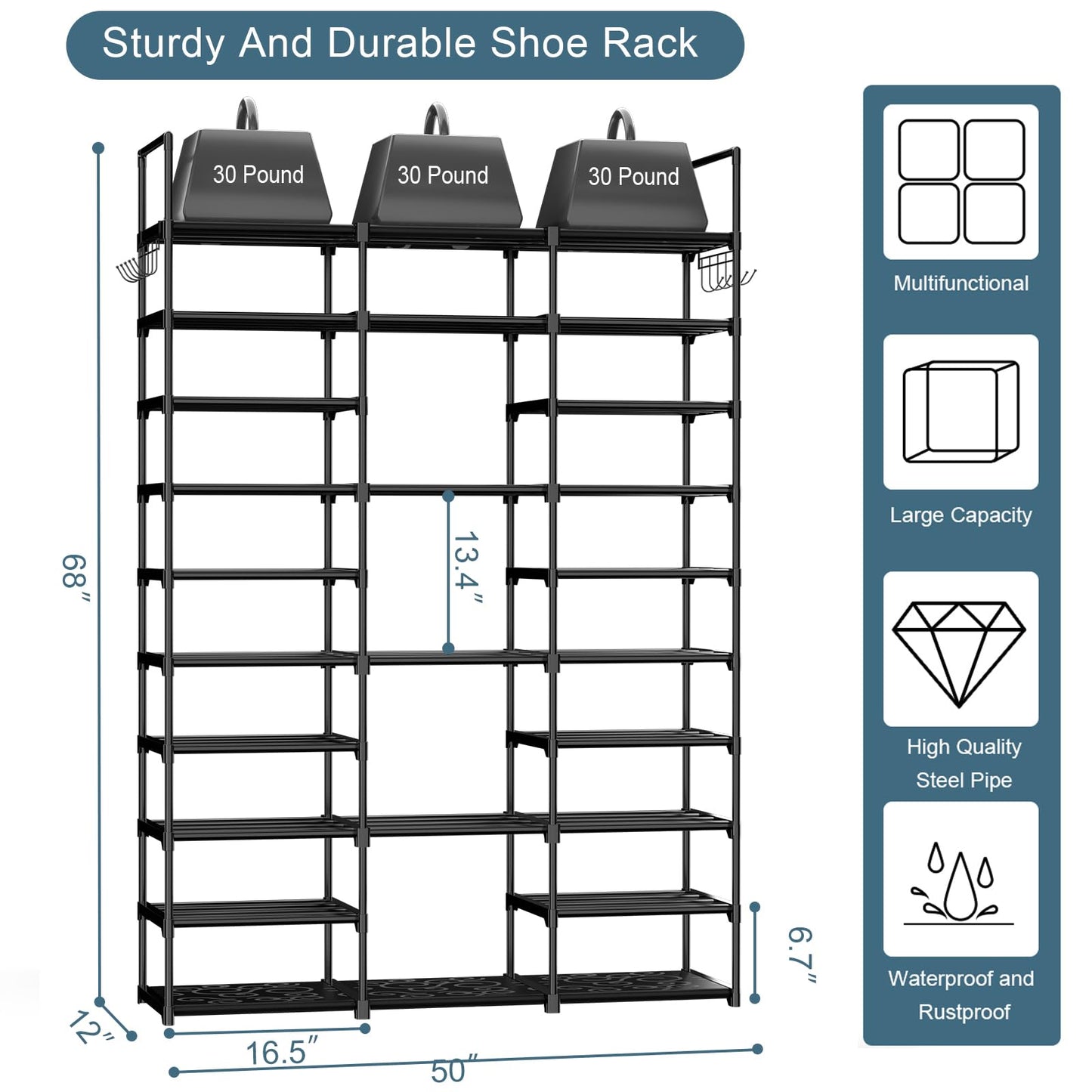 Kottwca 3 Row 10 Tier Large Shoe Rack Organizer for Closet Entryway, 60-65 Pair Shoe Boot Storage Rack, Metal Shoe Shelf Tall Vertical Stackable Shoe Stand for Bedroom Corner