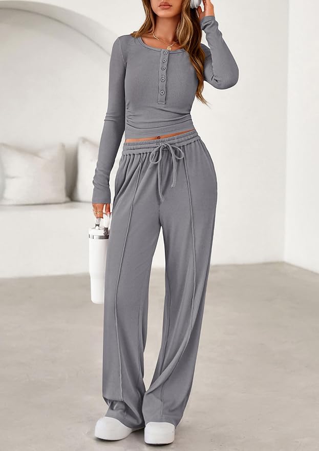 PRETTYGARDEN Women's 2026 Fall Trendy 2 Piece Outfits Lounge Sets Long Sleeve Top Henley Shirts Wide Leg Pants Travel Clothes